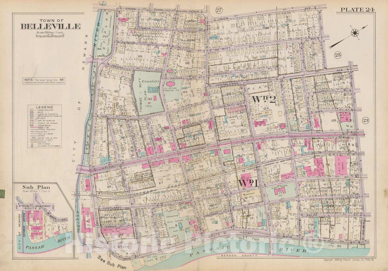 Historic Map : Atlas of Bloomfield, Belleville and Nutley; Essex County Vol D, Belleville 1932 Plate 024 , Vintage Wall Art