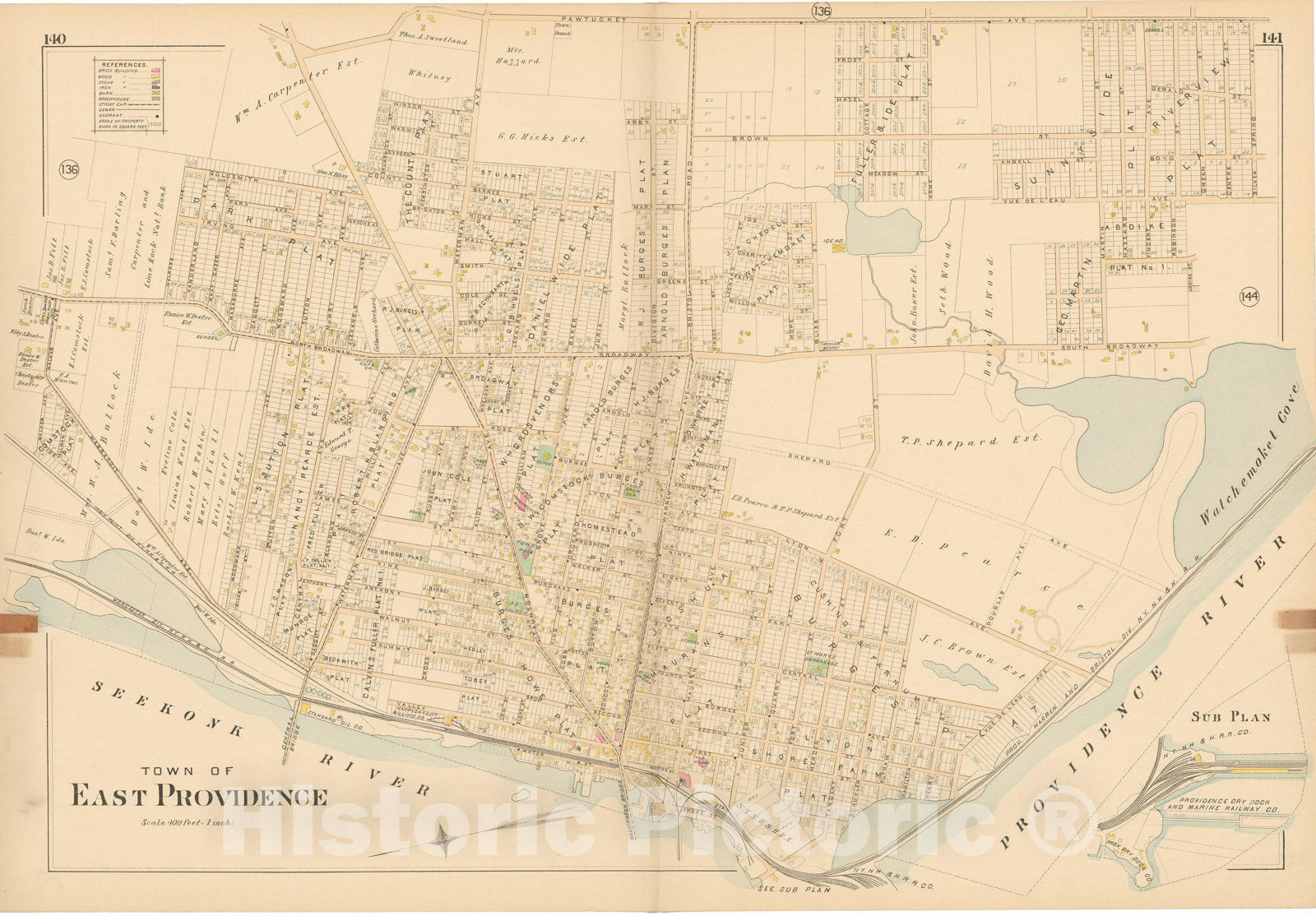 Historic Map : Atlas of Providence County, East Providence 1895 , Vintage Wall Art