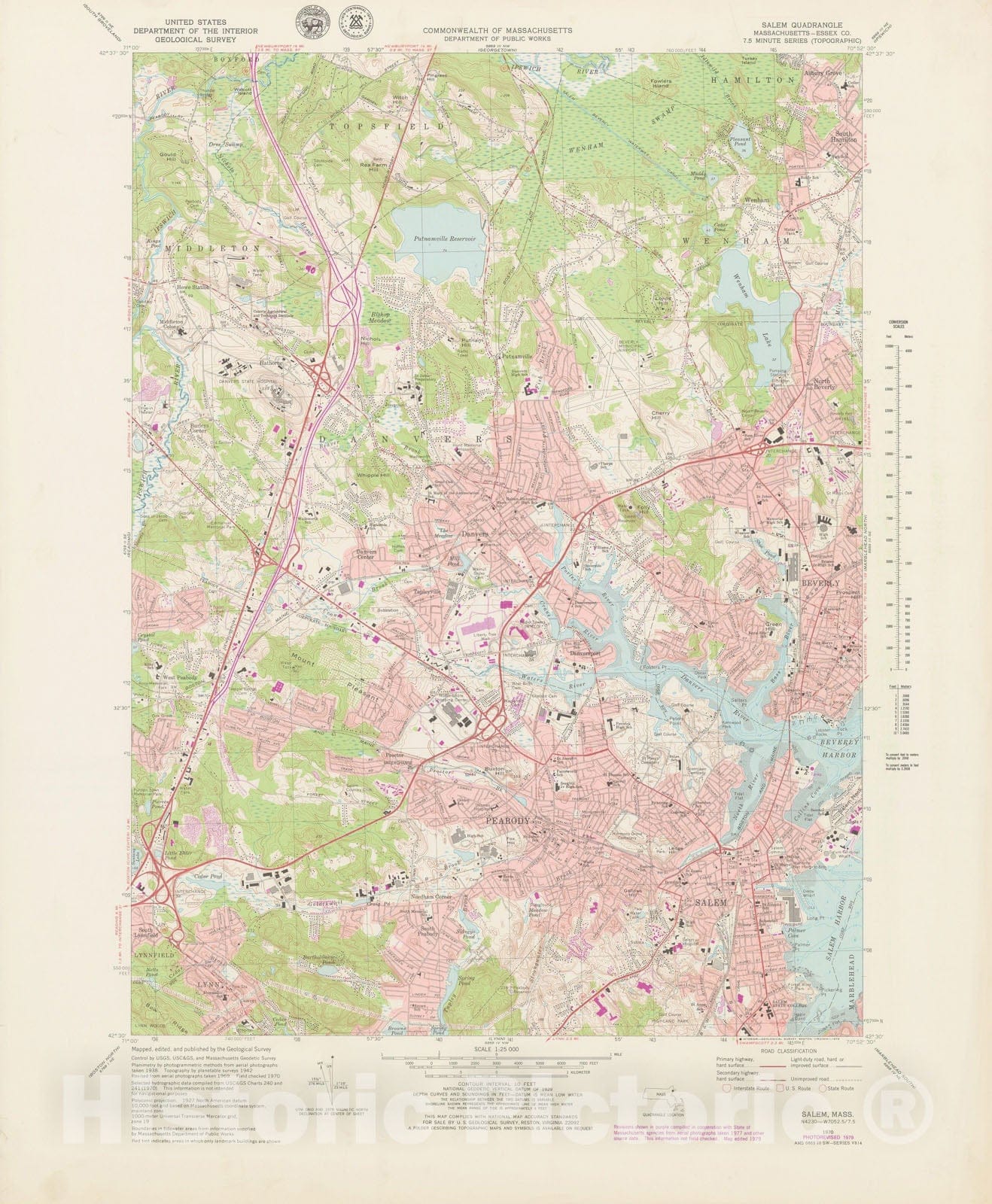 Historic Map : USGS 7.5 Minute Sheets and Quadrangles, Beverly & Danvers & Peabody & Salem 1979 Topographic Map , Vintage Wall Art