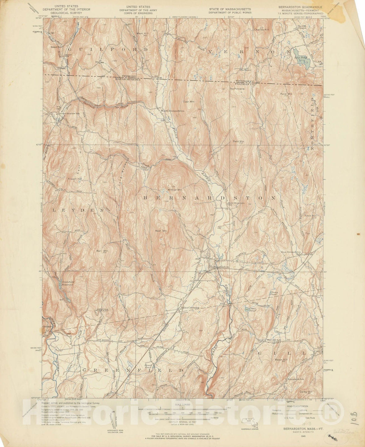 Historic Map : USGS 7.5 Minute Sheets and Quadrangles, Bernardston 1945 Topographic Map , Vintage Wall Art