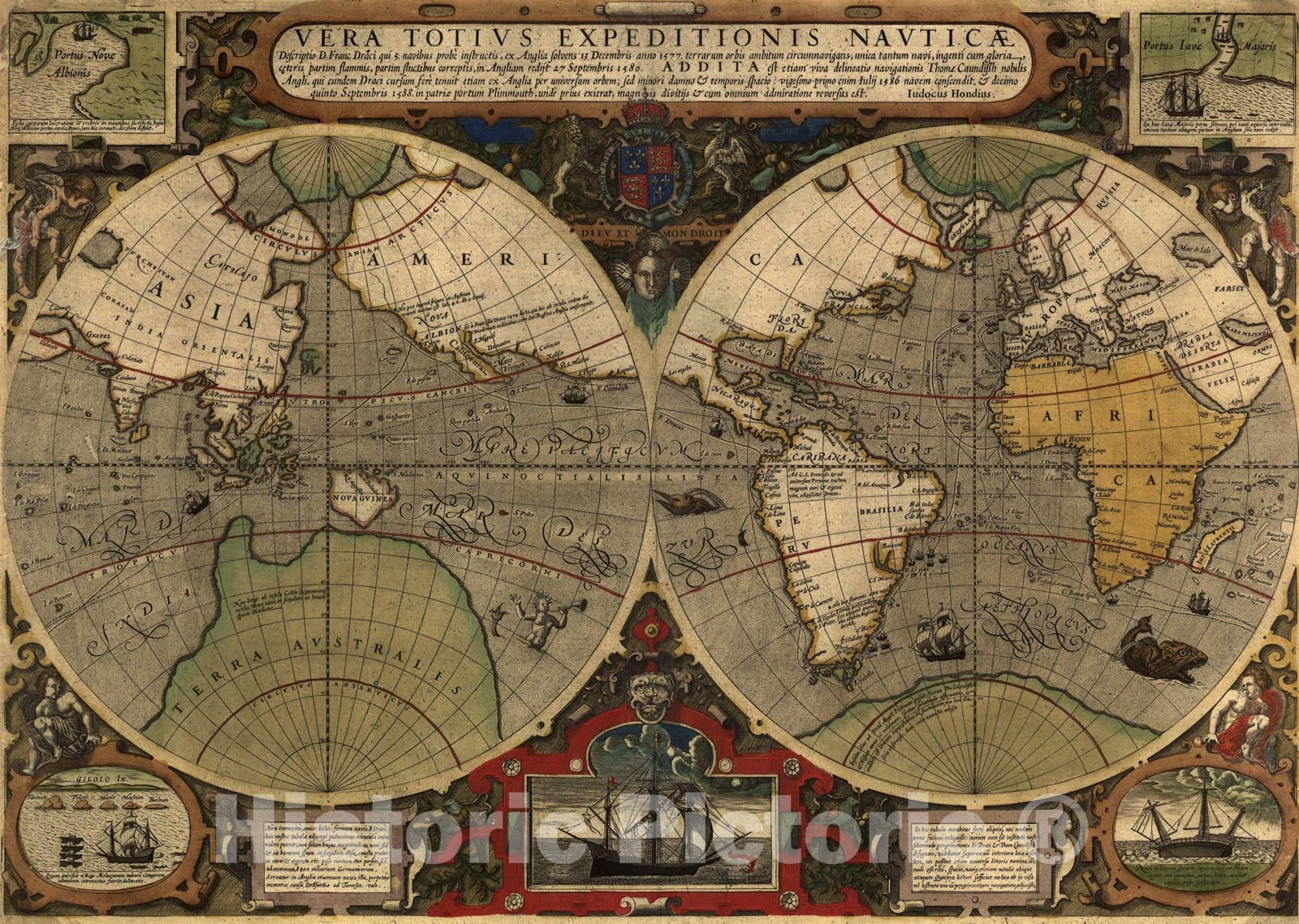 Historic Map : The World c1595 , Vintage Wall Art