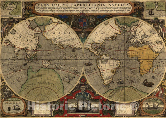 Historic Map : The World c1595 , Vintage Wall Art