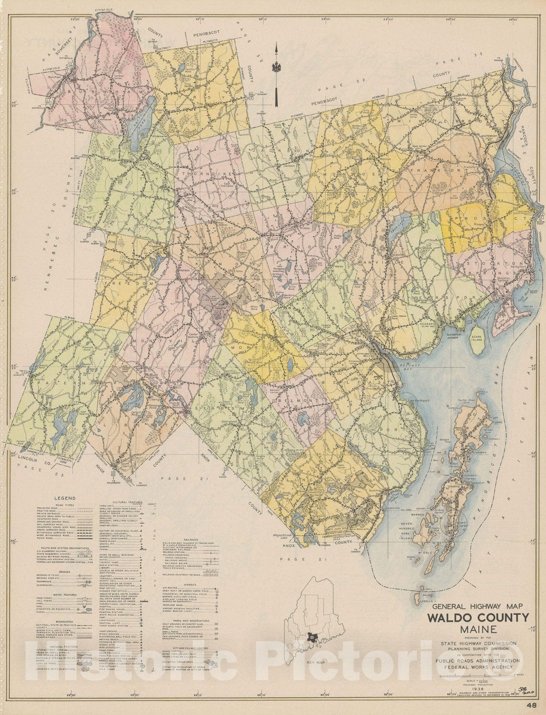 Historic Map : Maine General Highway County Maps, Waldo 1938 Plate 048 , Vintage Wall Art
