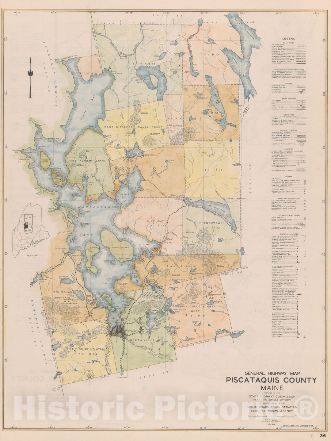 Historic Map : Maine General Highway County Maps, Piscataquis 1938 Plate 036 , Vintage Wall Art