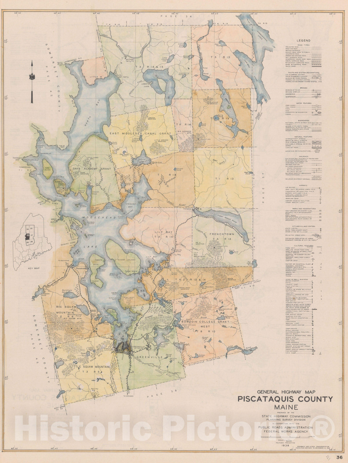 Historic Map : Maine General Highway County Maps, Piscataquis 1938 Plate 036 , Vintage Wall Art