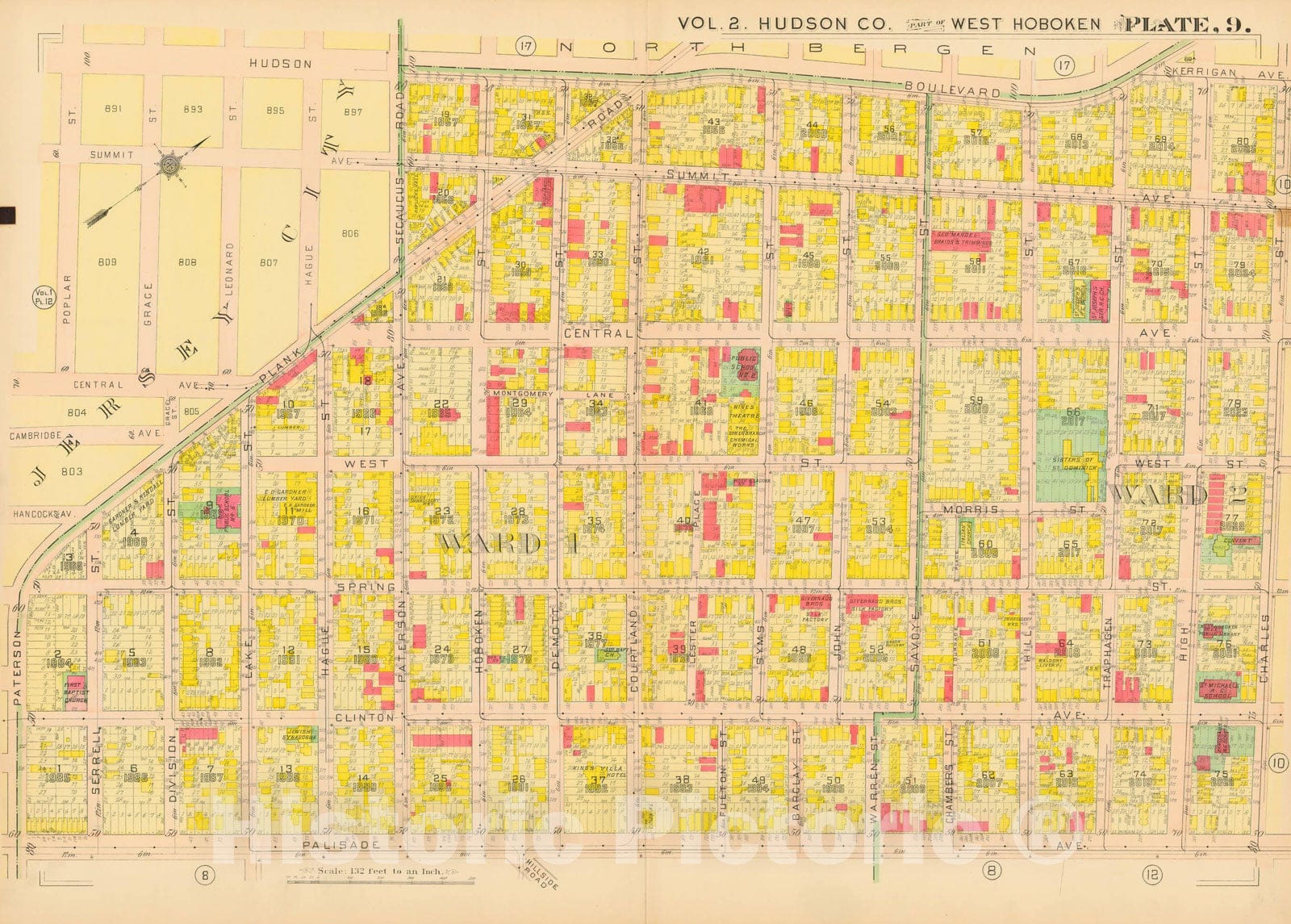 Historic Map : Atlas of Hudson County New Jersey, West Hoboken 1909 Plate 009 , Vintage Wall Art
