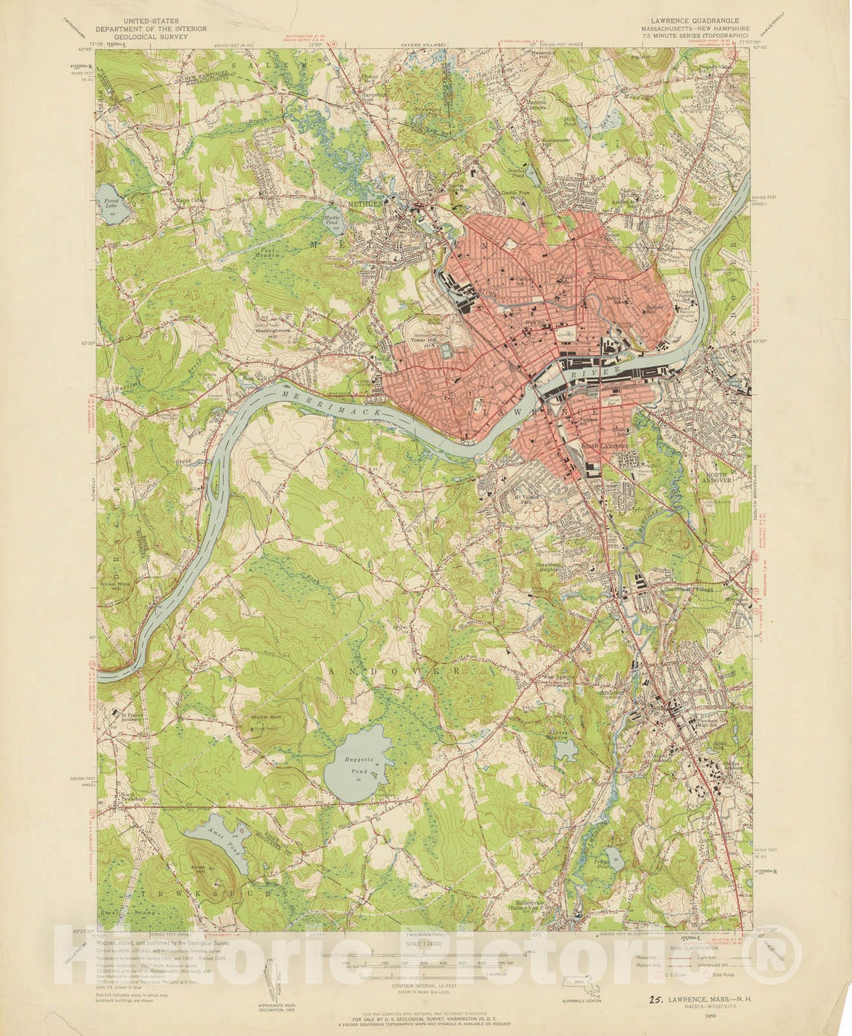 Historic Map : USGS 7.5 Minute Sheets and Quadrangles, Lawrence 1955 Topographic Map , Vintage Wall Art