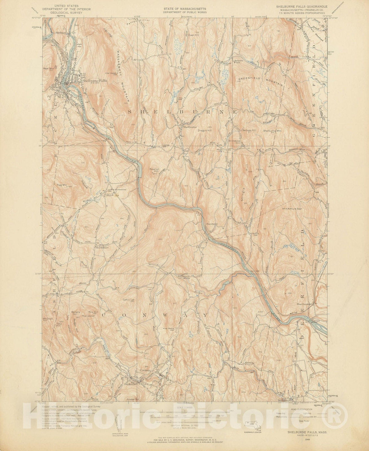 Historic Map : USGS 7.5 Minute Sheets and Quadrangles, Conway & Shelburne & Shelburne Falls 1949 Topographic Map , Vintage Wall Art