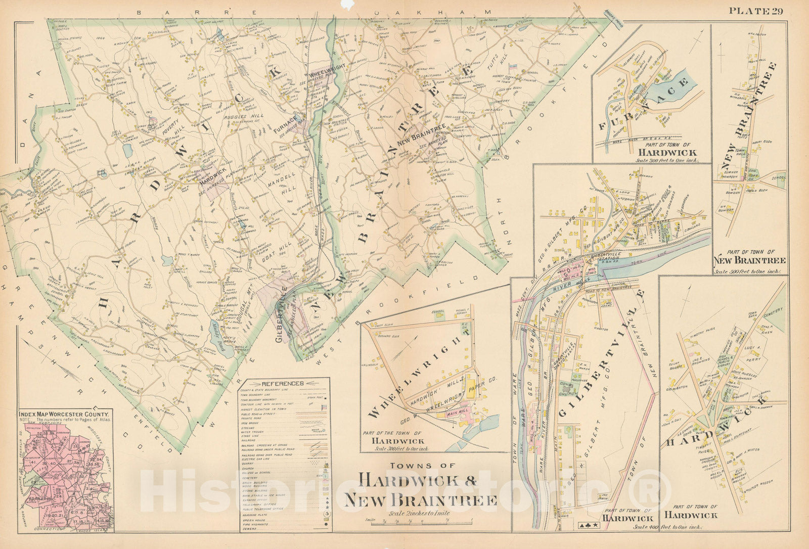 Historic Map : New Topo Atlas County of Worcester, Hardwick & New Braintree 1898 Plate 029 , Vintage Wall Art