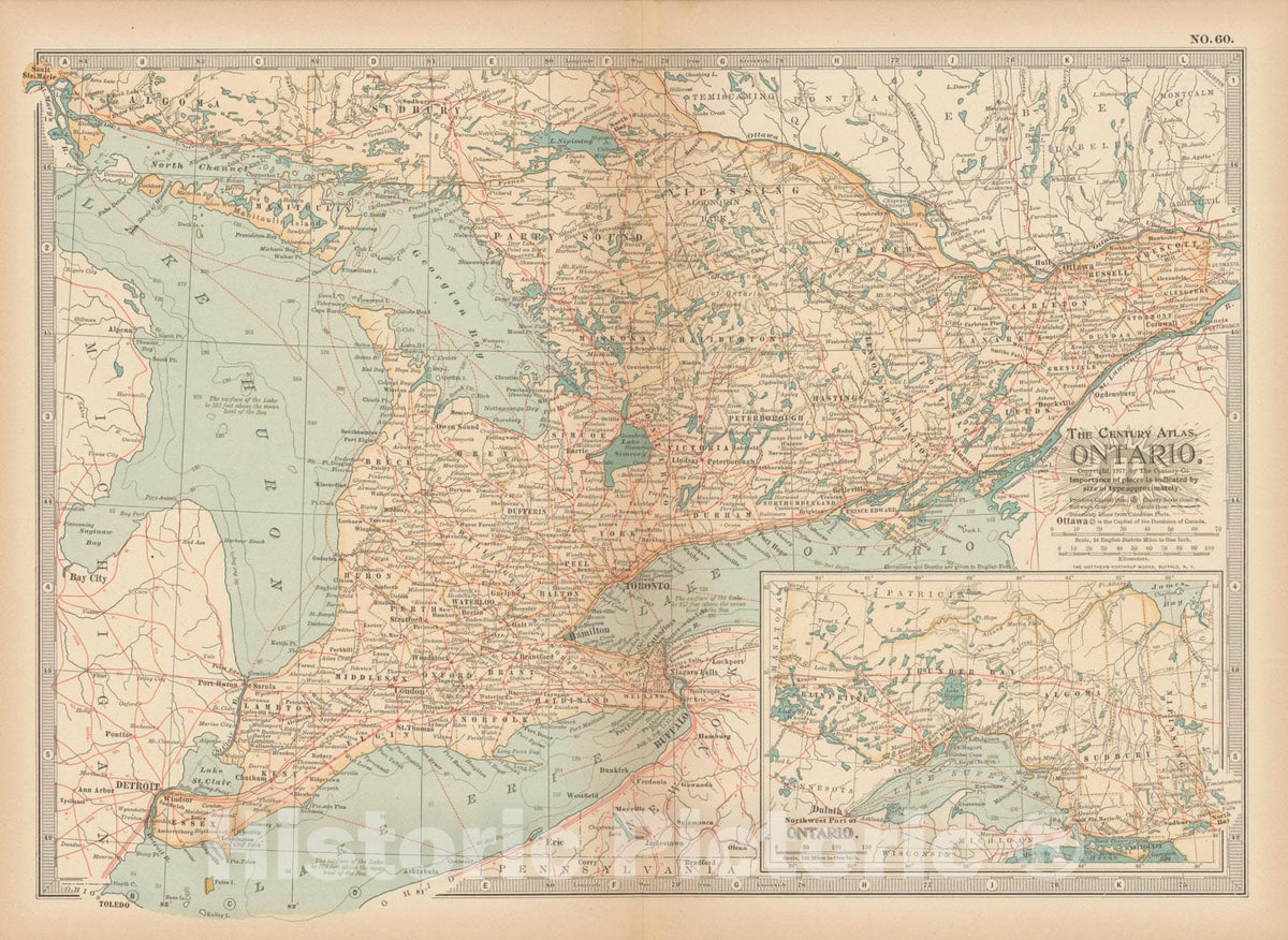 Historic Map : Ontario 1914 , Century Atlas of the World, Vintage Wall Art