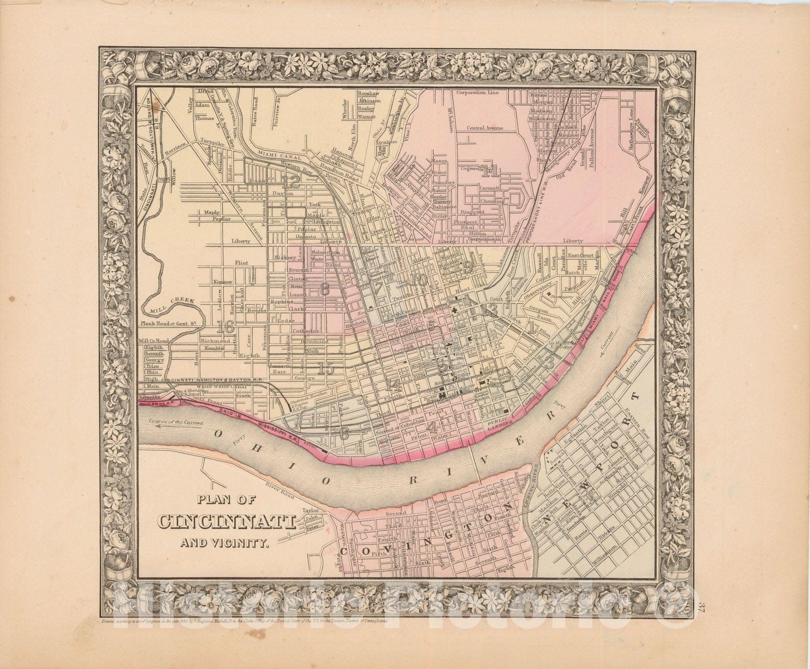 Historic Map : Cincinnati 1864 , New General (World) Atlas , Vintage Wall Art