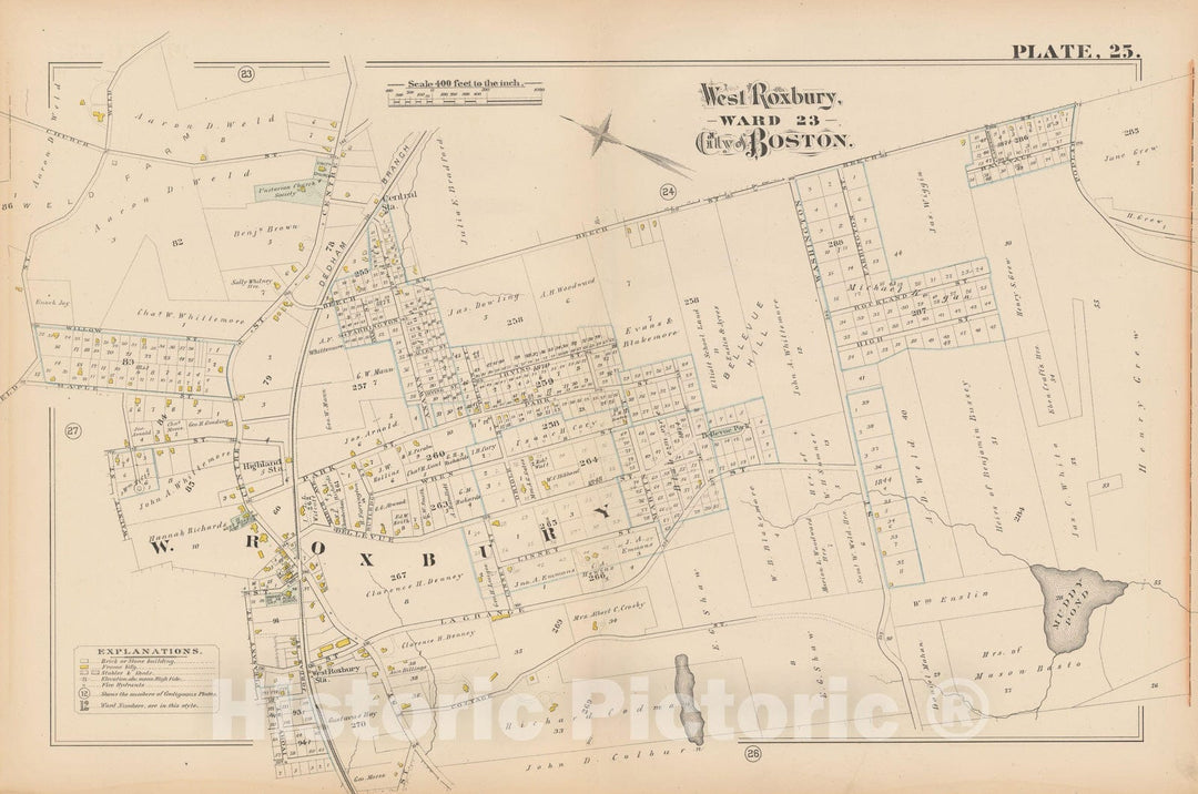 Historic Map : City Atlas of Boston, Massachusetts, West Roxbury 1882 Plate 025 , Vintage Wall Art