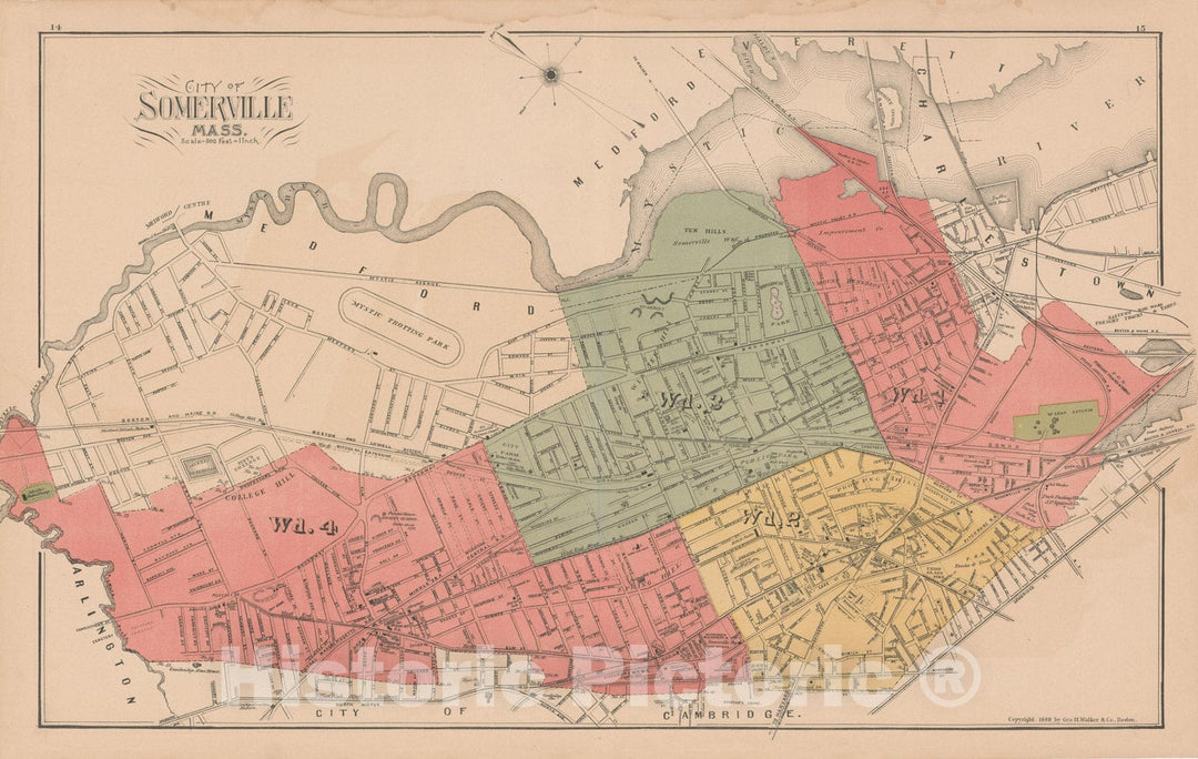Historic Map : Atlas of Middlesex County, Massachusetts, Somerville 1889 , v2, Vintage Wall Art