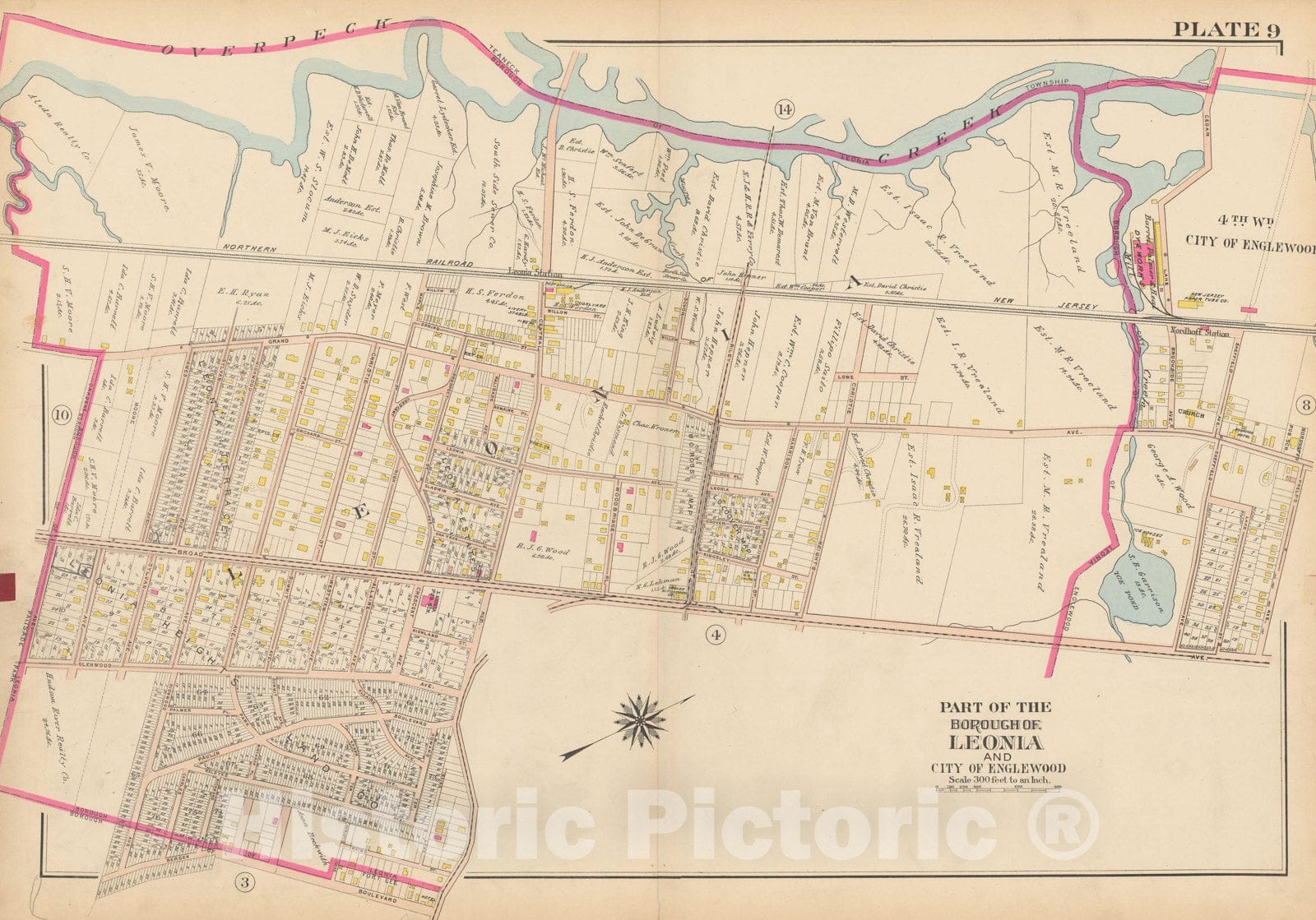 Historic Map : Atlas of Bergen County, New Jersey, Volume One, Englewood & Leonia 1912 Plate 009 , Vintage Wall Art