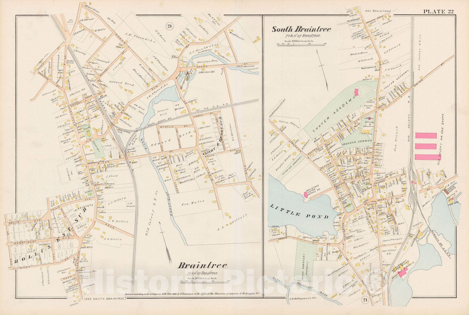 Historic Map : Atlas of Norfolk County, Braintree 1888 Plate 022 , Vintage Wall Art