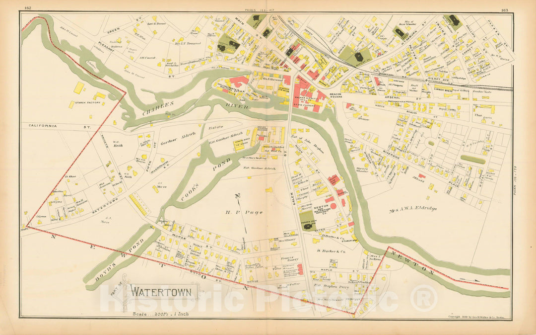 Historic Map : Atlas of Middlesex County, Massachusetts, Watertown 1889 Pages 162-163 , Vintage Wall Art