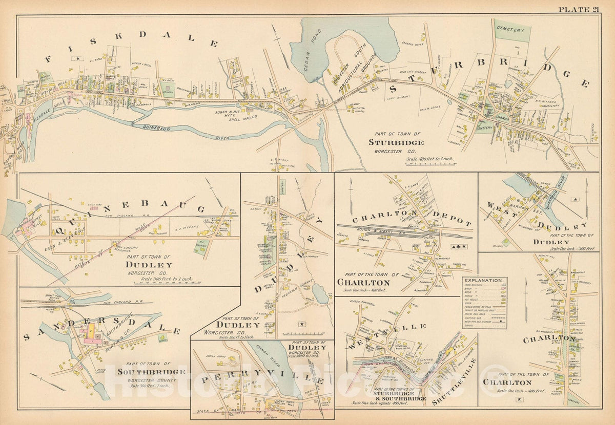 Historic Map : New Topo Atlas County of Worcester, Charlton & Dudley & Southbridge & Sturbridge 1898 Plate 021 , Vintage Wall Art