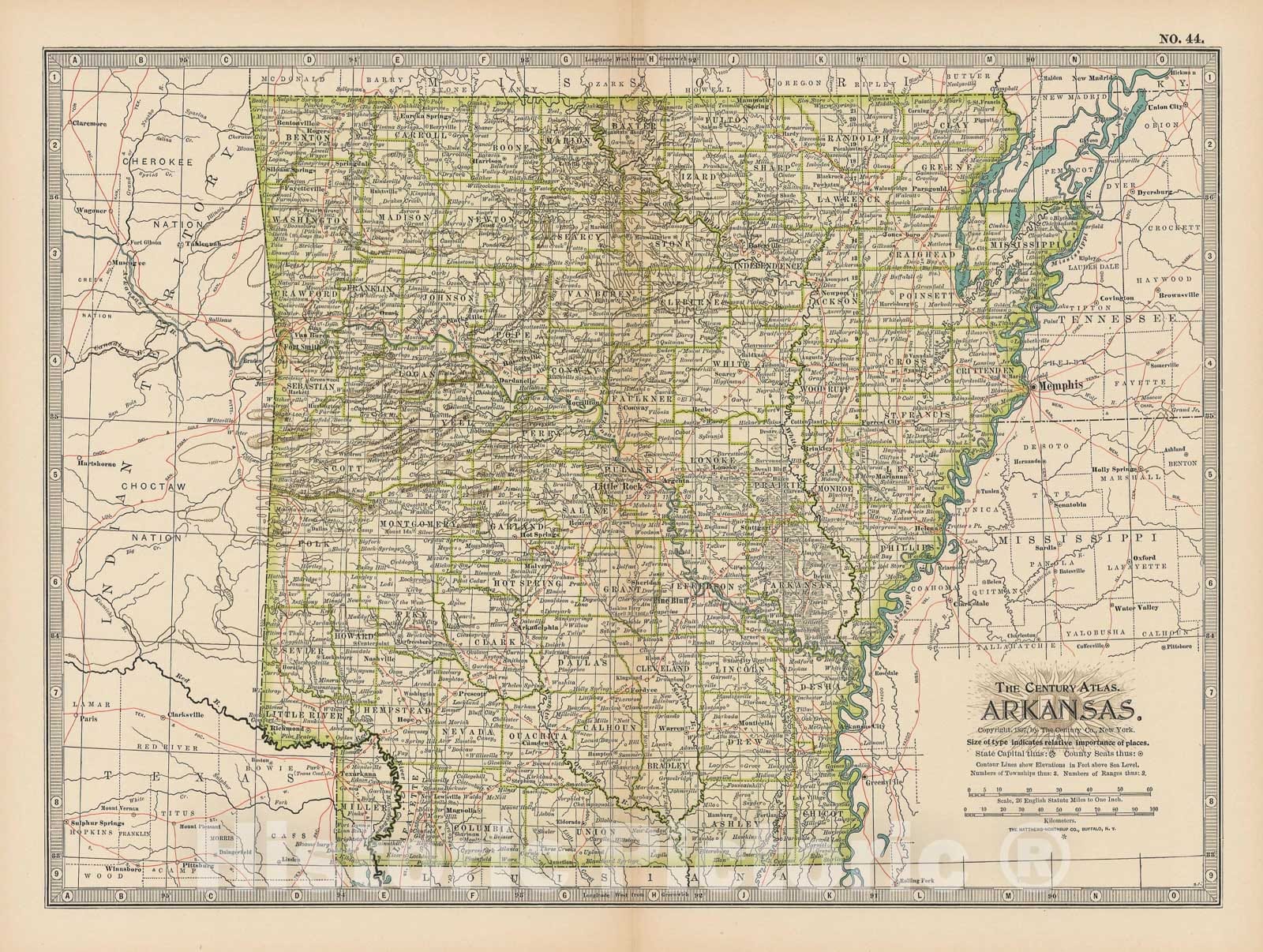 Historic Map : Arkansas 1897 , The Century Atlas World , Vintage Wall Art
