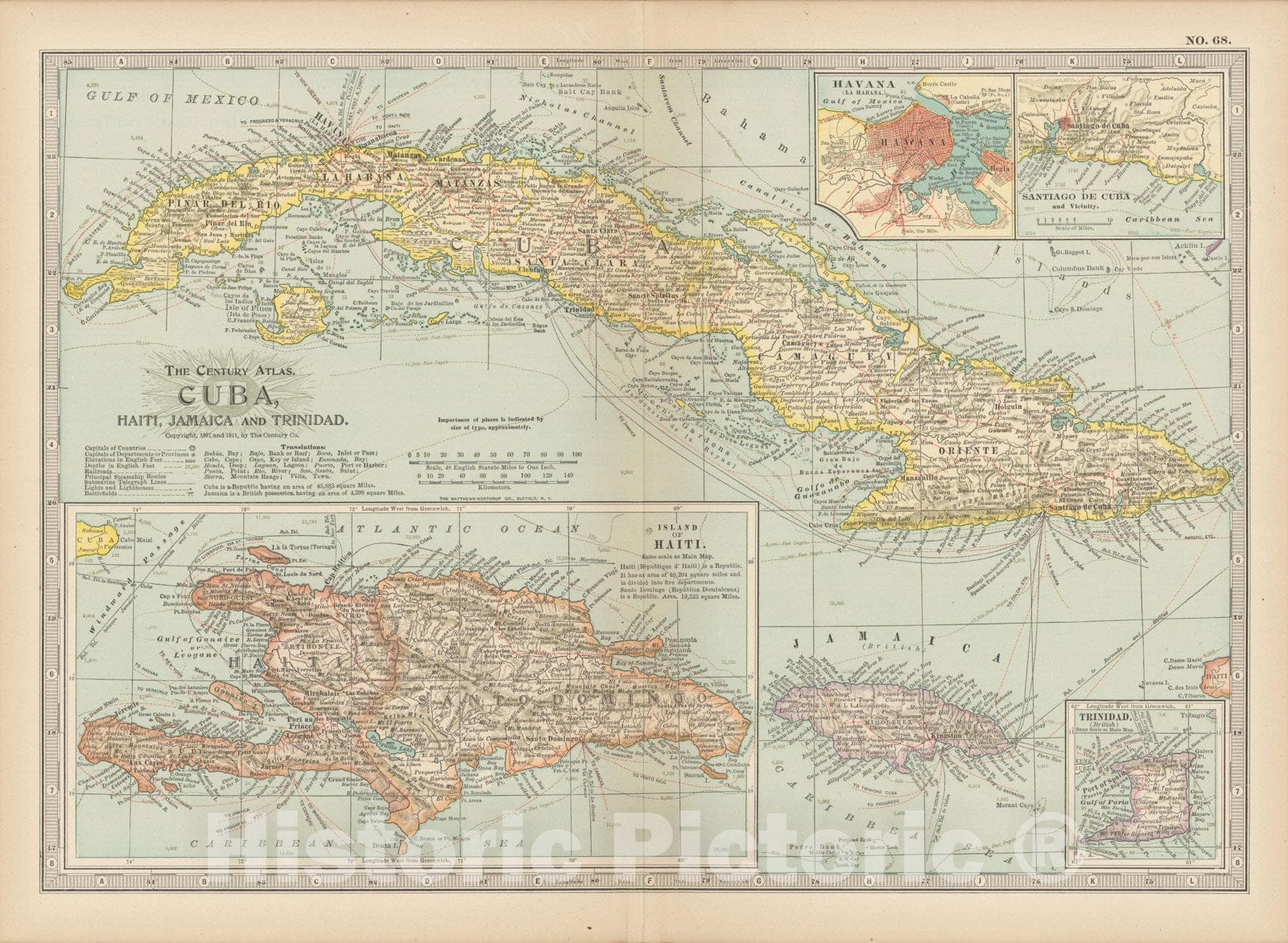Historic Map : Greater Antillies 1914 , Century Atlas of the World, Vintage Wall Art