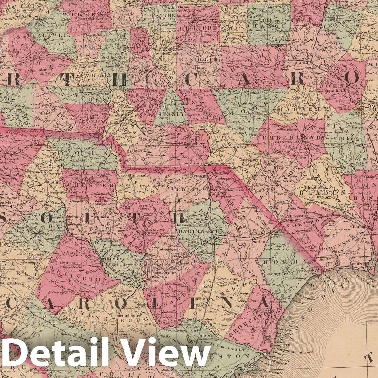 Historic Map : North Carolina & South Carolina 1865 , Johnson's Family Atlas , Vintage Wall Art