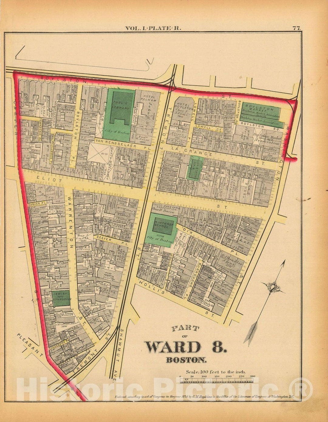 Historic Map : Atlas of County of Suffolk, MA Vol. 1 including Boston Proper, Boston 1874 Plate R , Vintage Wall Art