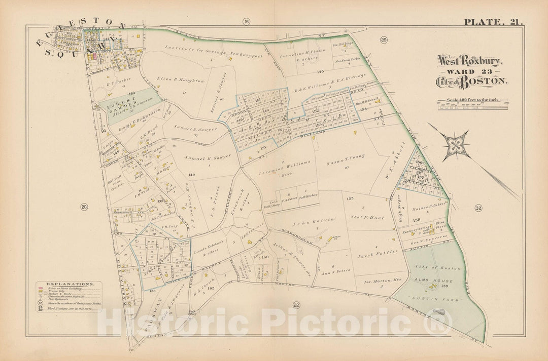 Historic Map : City Atlas of Boston, Massachusetts, West Roxbury 1882 Plate 021 , Vintage Wall Art
