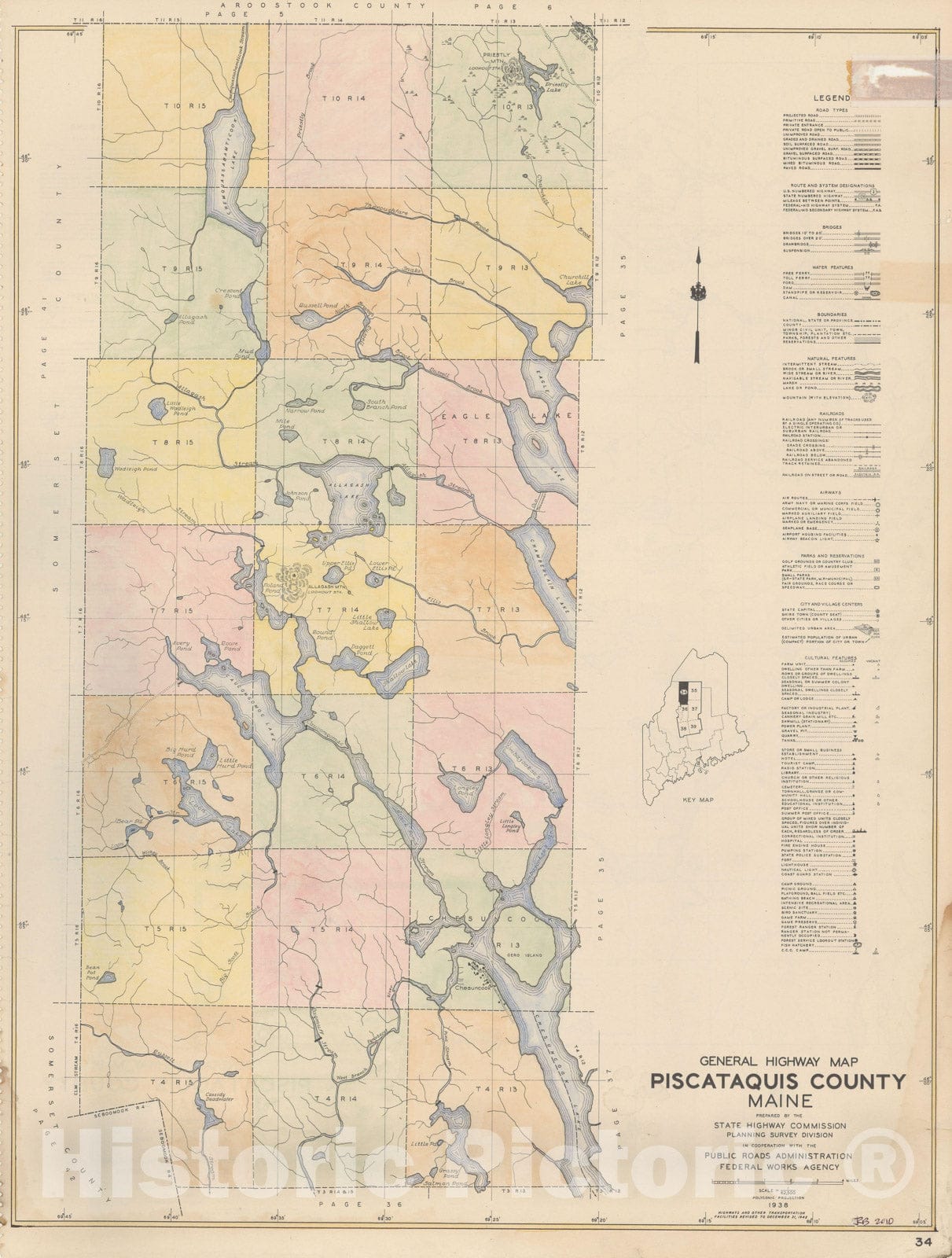 Historic Map : Maine General Highway County Maps, Piscataquis 1938 Plate 034 , Vintage Wall Art