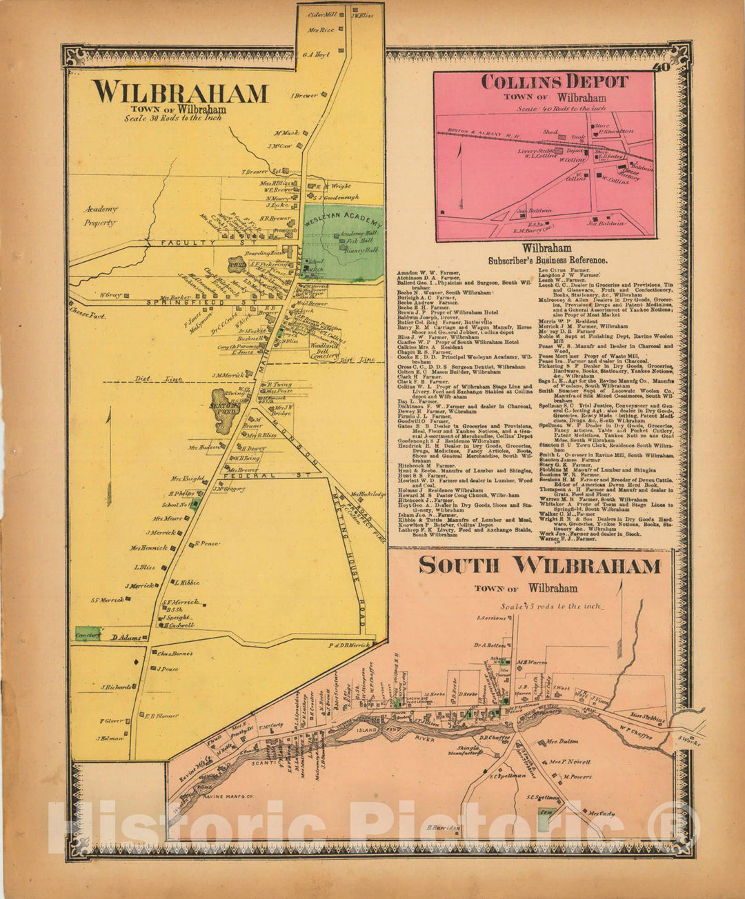 Historic Map : Atlas of Hampden County Massachusetts, Wilbraham 1870 , Vintage Wall Art