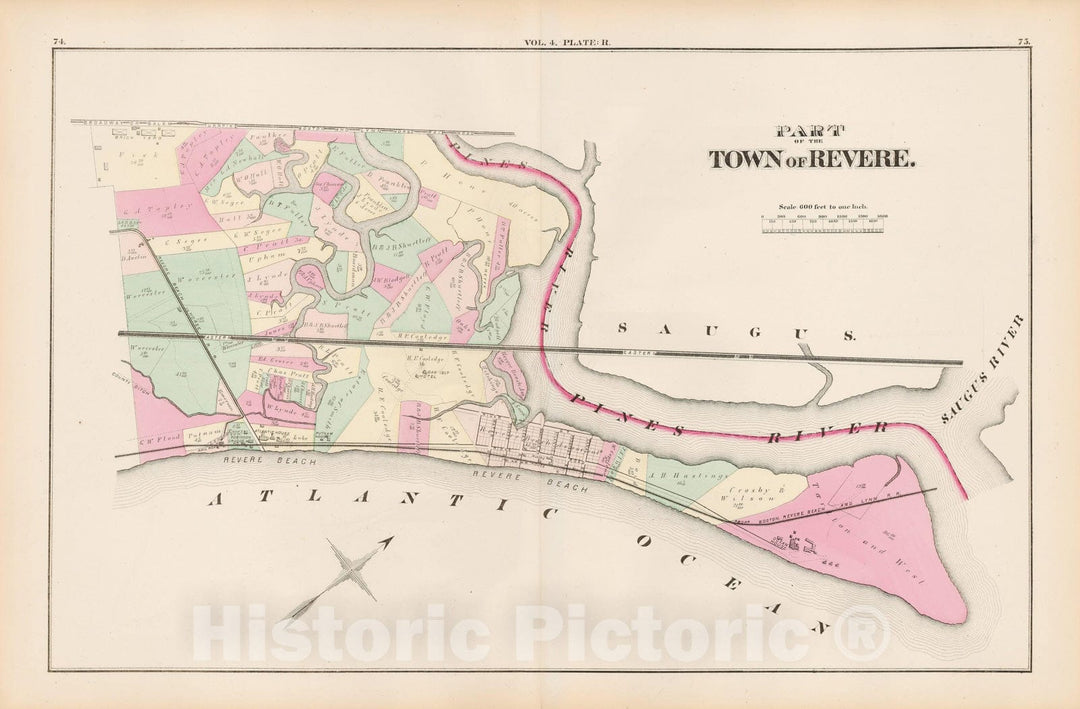 Historic Map : Atlas of county of Suffolk, MA Vol. 4, Revere 1874 Plate R , Vintage Wall Art