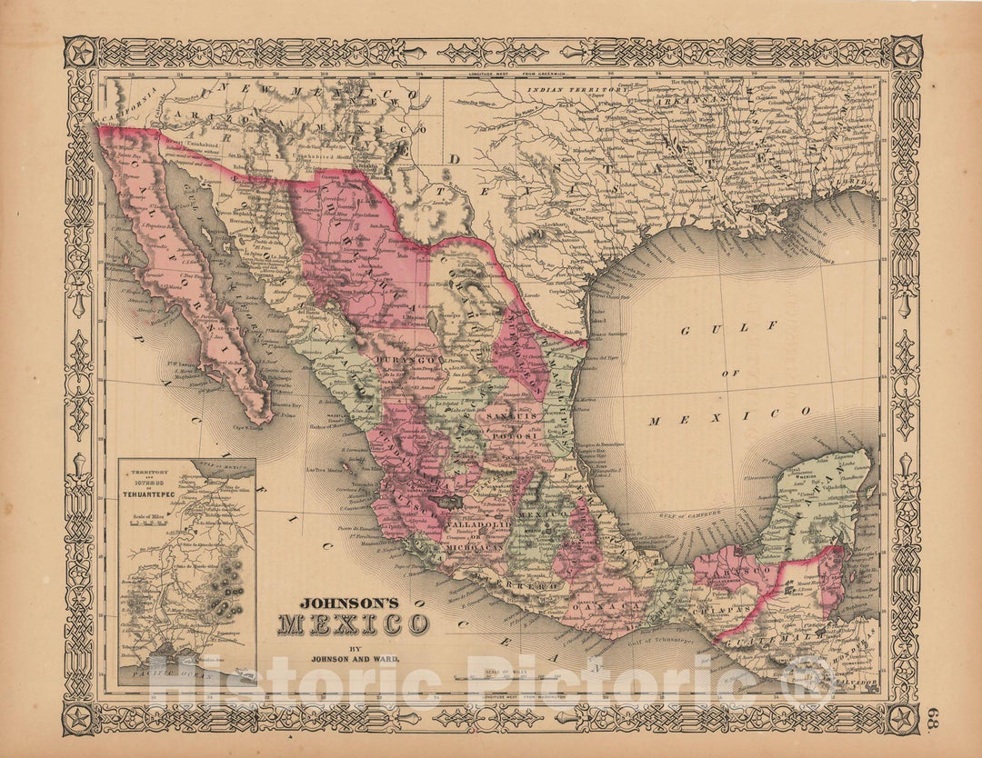 Historic Map : Mexico 1864 , Johnson's Family Atlas World , Vintage Wall Art