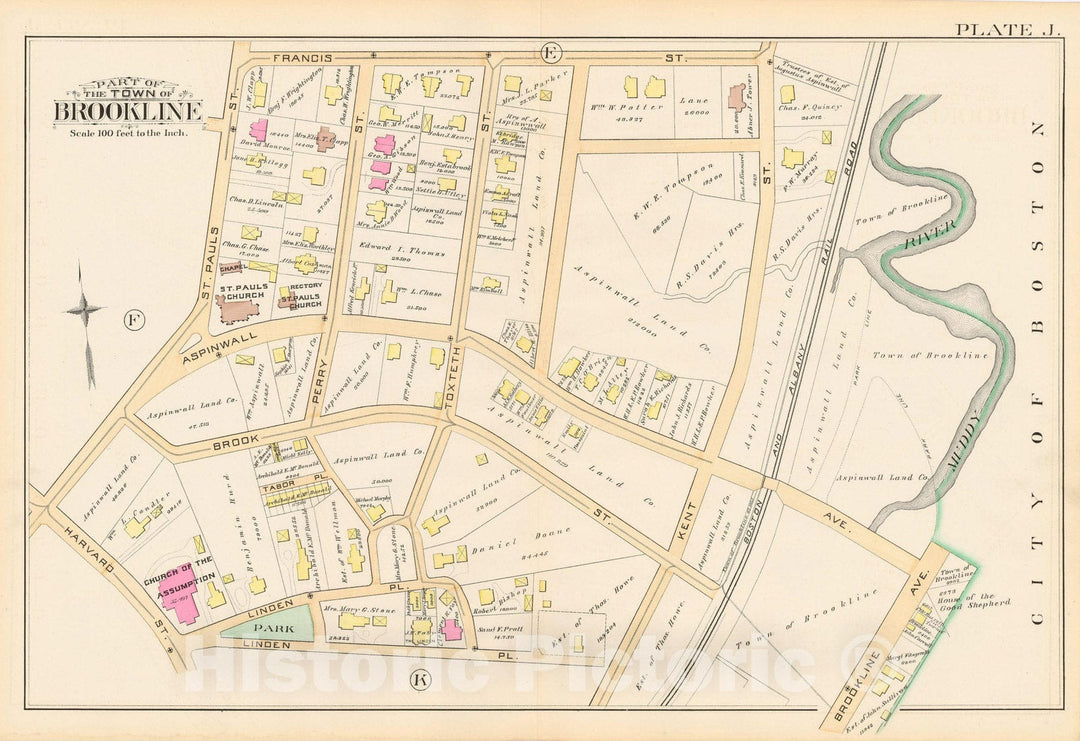 Historic Map : Atlas Town of Brookline, Brookline 1888 Plate J , Vintage Wall Art