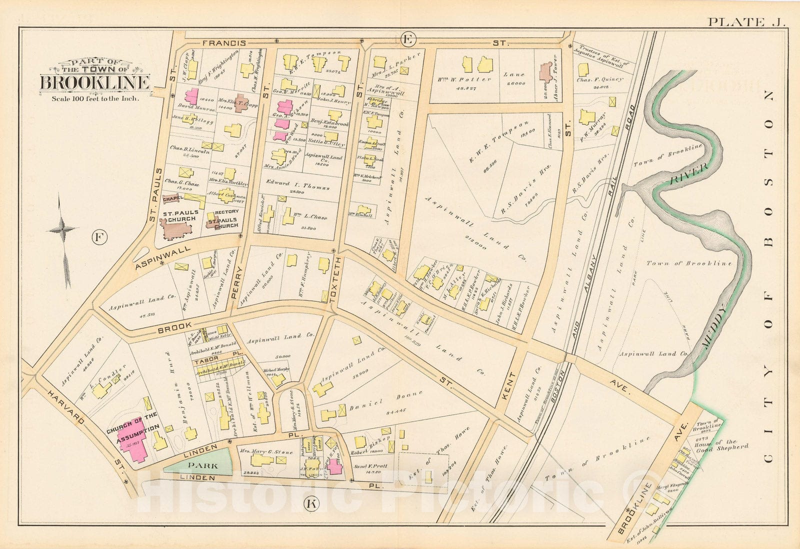 Historic Map : Atlas Town of Brookline, Brookline 1888 Plate J , Vintage Wall Art