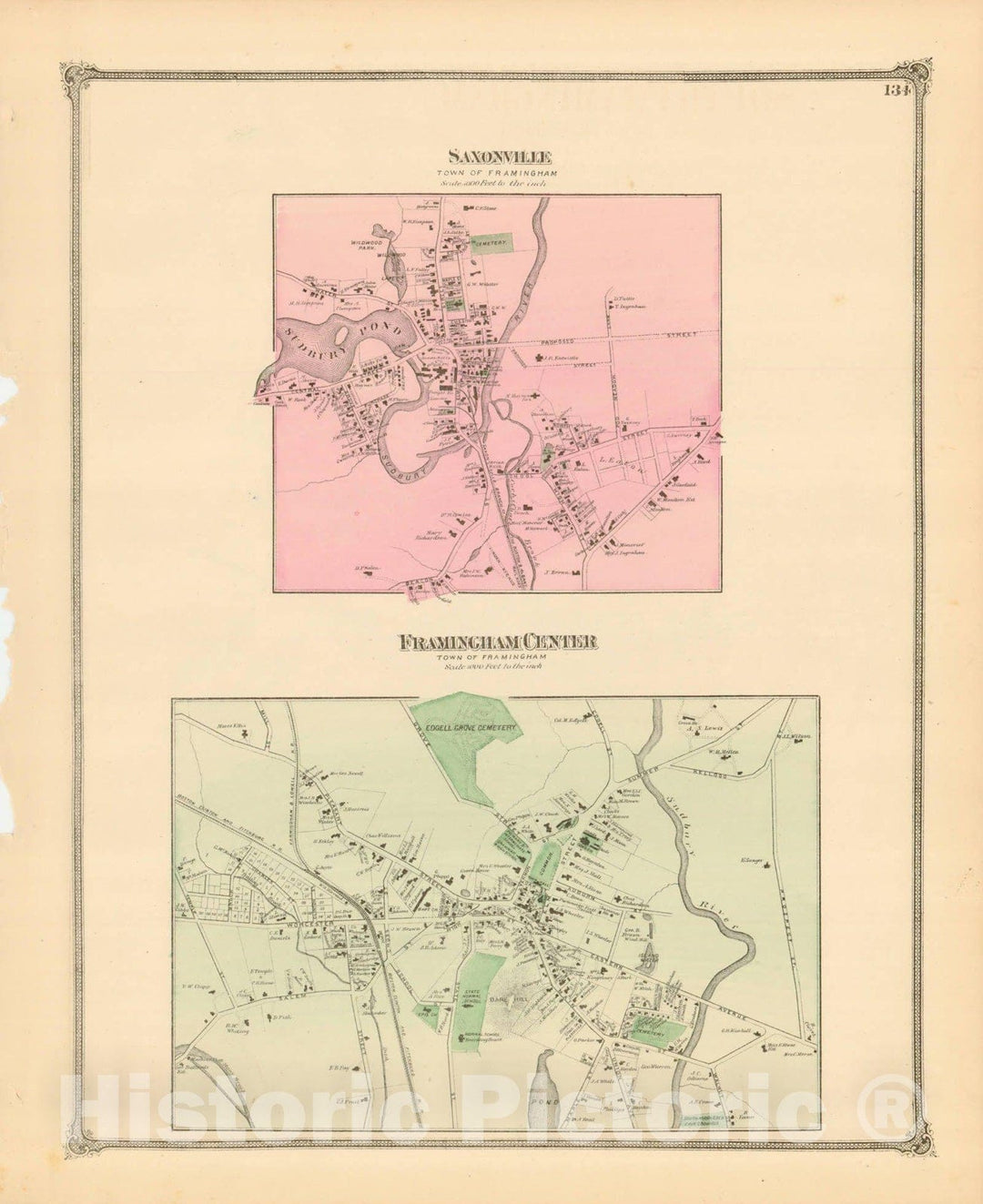 Historic Map : County Atlas of Middlesex Massachusetts, Framingham 1875 , v2, Vintage Wall Art