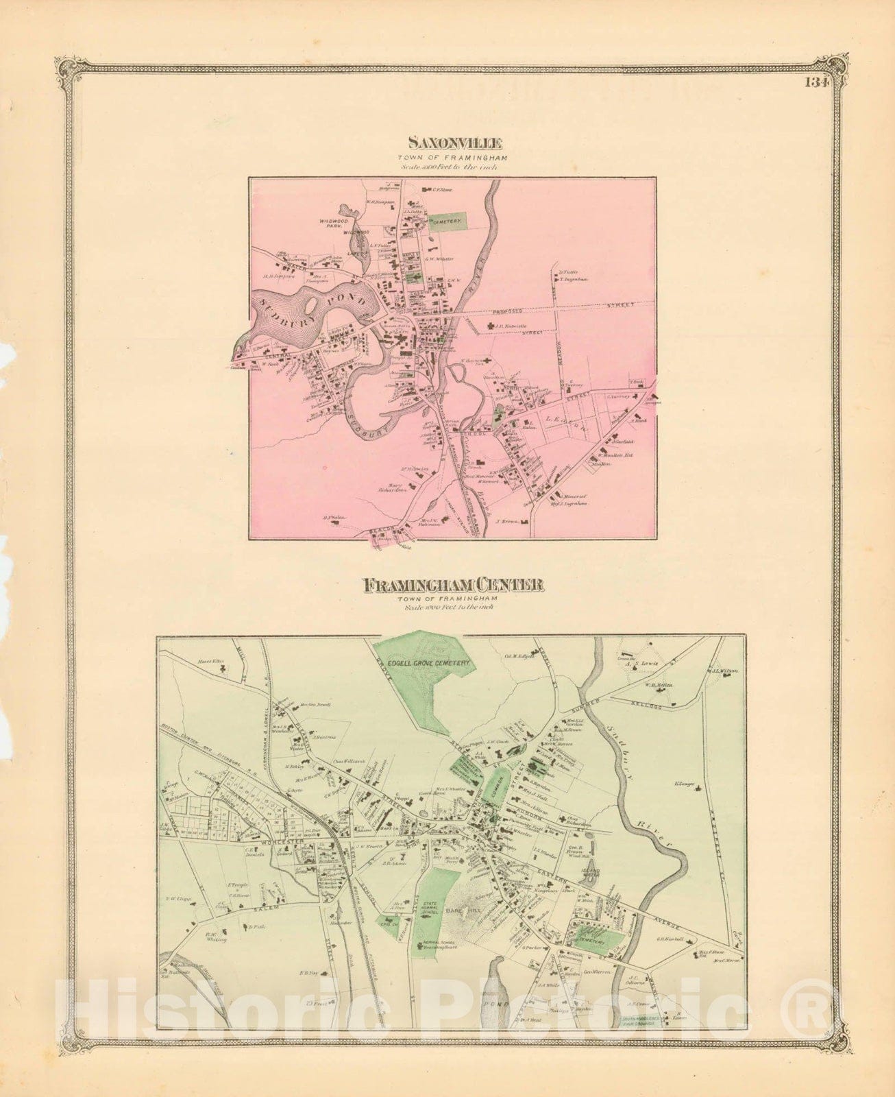 Historic Map : County Atlas of Middlesex Massachusetts, Framingham 1875 , v2, Vintage Wall Art