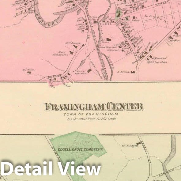 Historic Map : County Atlas of Middlesex Massachusetts, Framingham 1875 , v2, Vintage Wall Art