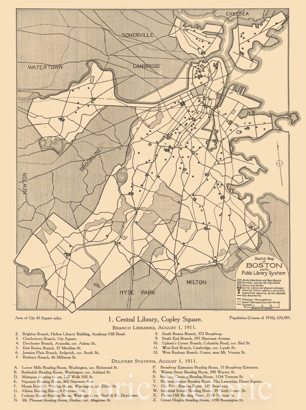 Historic Map : Boston and the Public Library System 1911 , Vintage Wall Art
