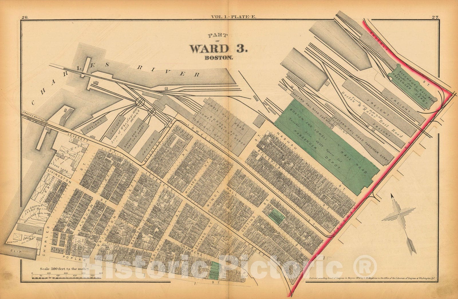 Historic Map : Atlas of County of Suffolk, MA Vol. 1 including Boston Proper, Boston 1874 Plate E , Vintage Wall Art