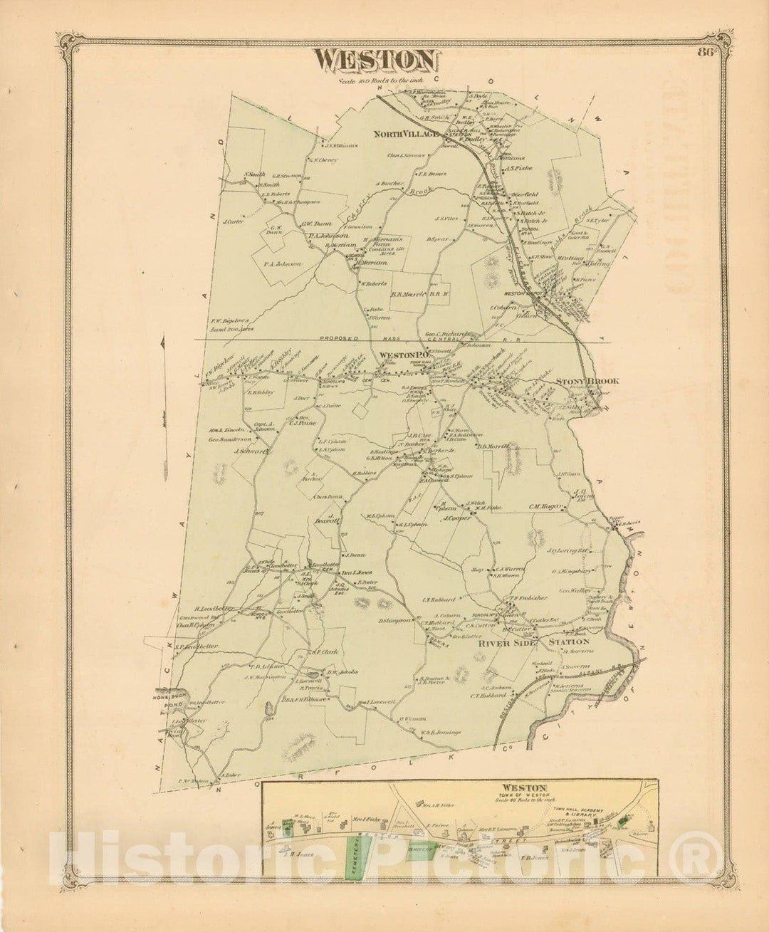 Historic Map : County Atlas of Middlesex Massachusetts, Weston 1875 , Vintage Wall Art