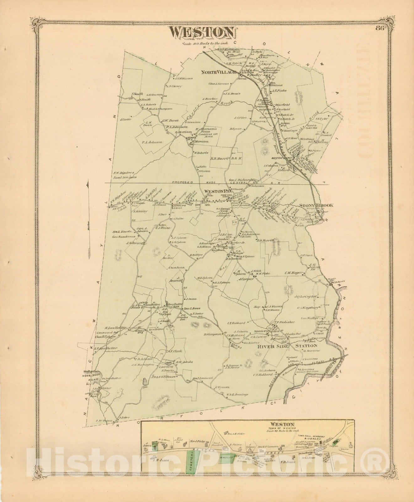 Historic Map : County Atlas of Middlesex Massachusetts, Weston 1875 , Vintage Wall Art