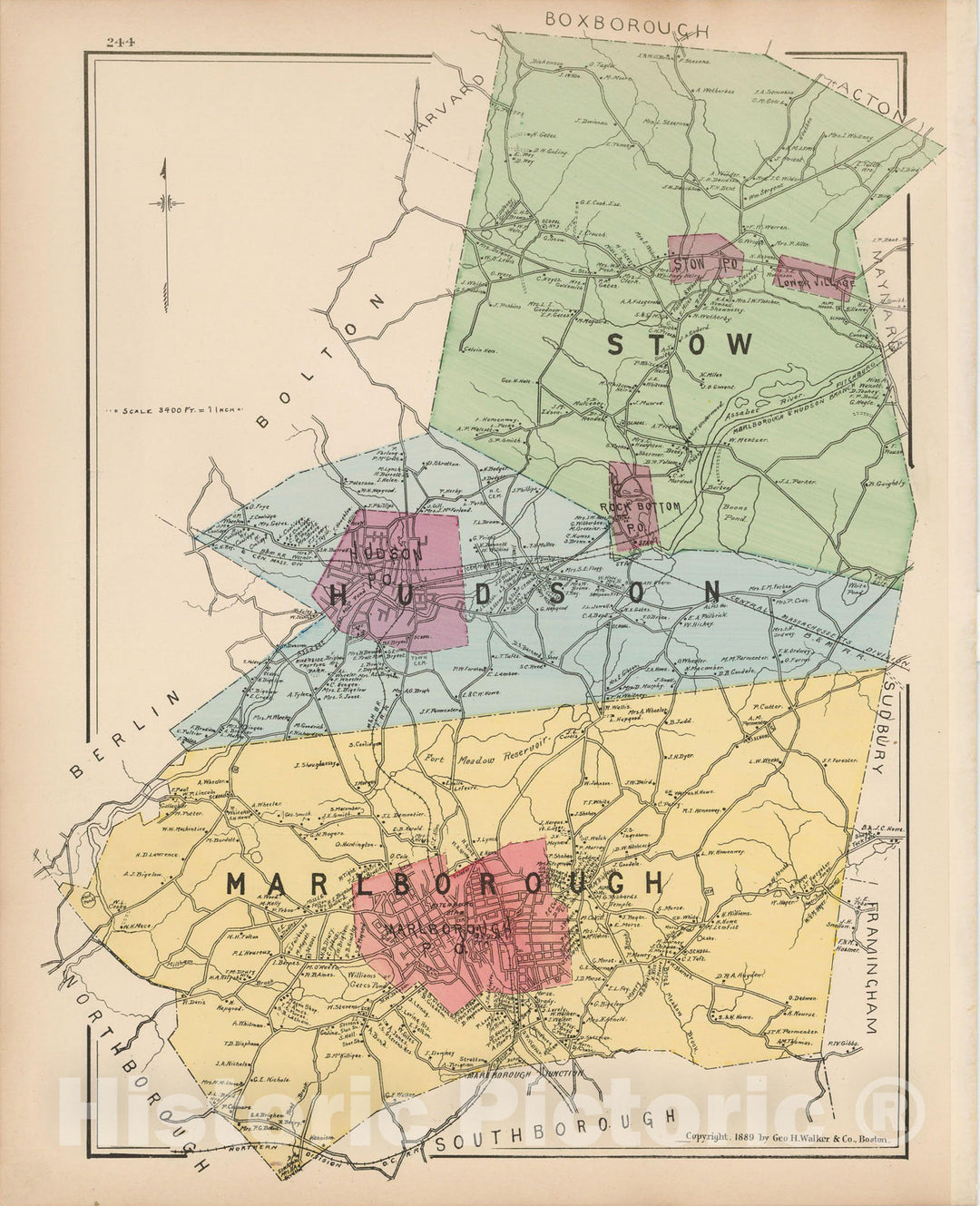 Historic Map : Atlas of Middlesex County, Massachusetts, Hudson & Marlborough & Stow 1889 , Vintage Wall Art