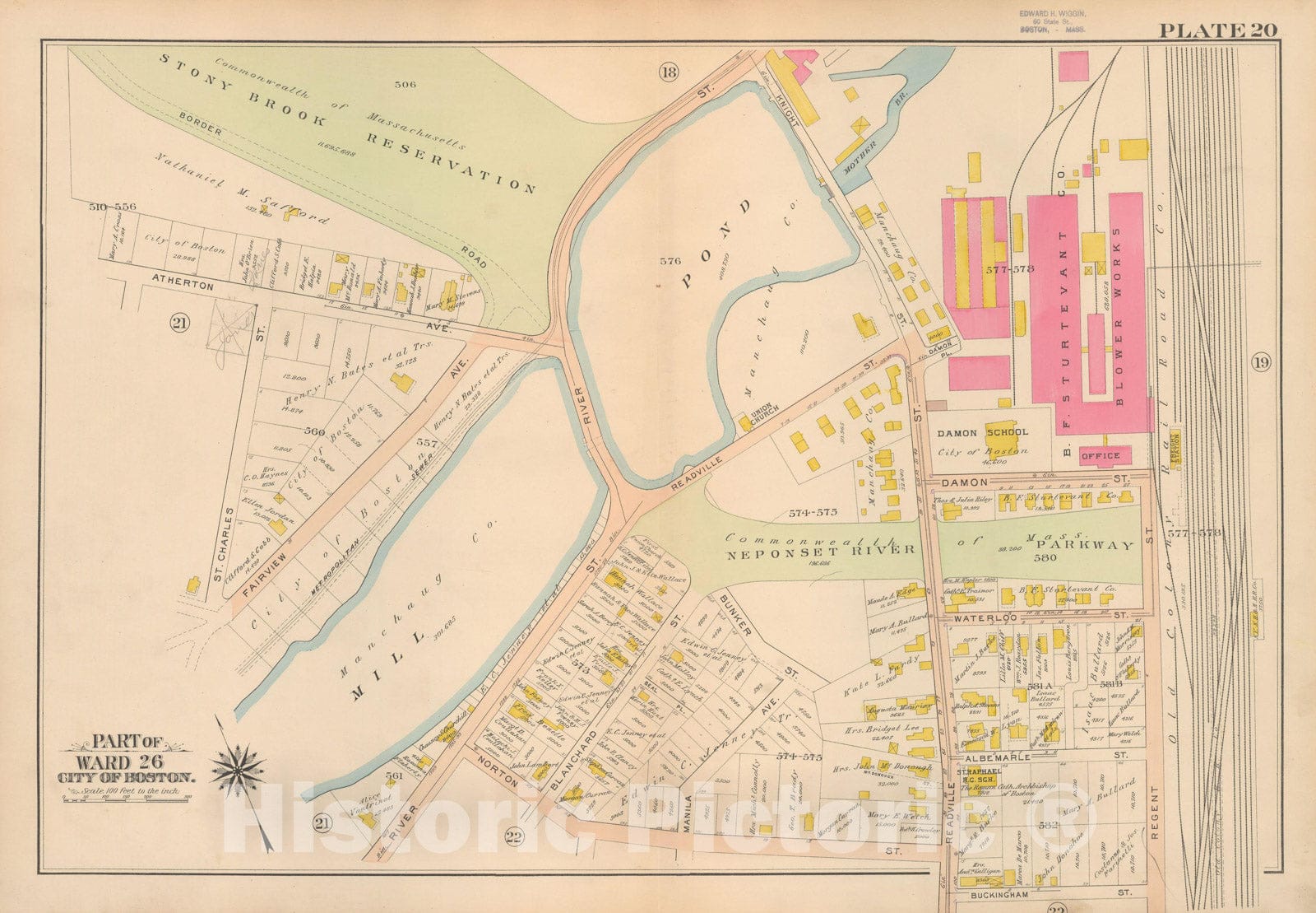 Historic Map : Atlas City of Boston Ward 26 Hyde Park, Hyde Park 1912 Plate 020 , Vintage Wall Art