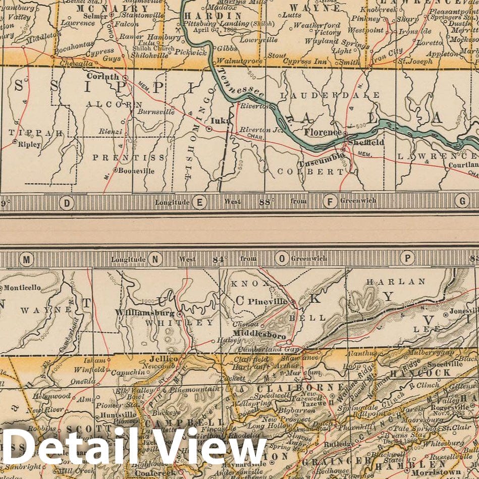 Historic Map : Tennessee 1897 , The Century Atlas World , Vintage Wall Art