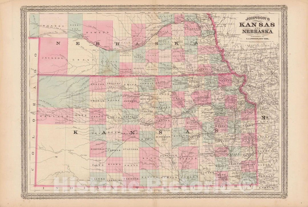 Historic Map : Kansas & Nebraska 1873 , Family Atlas World , Vintage Wall Art