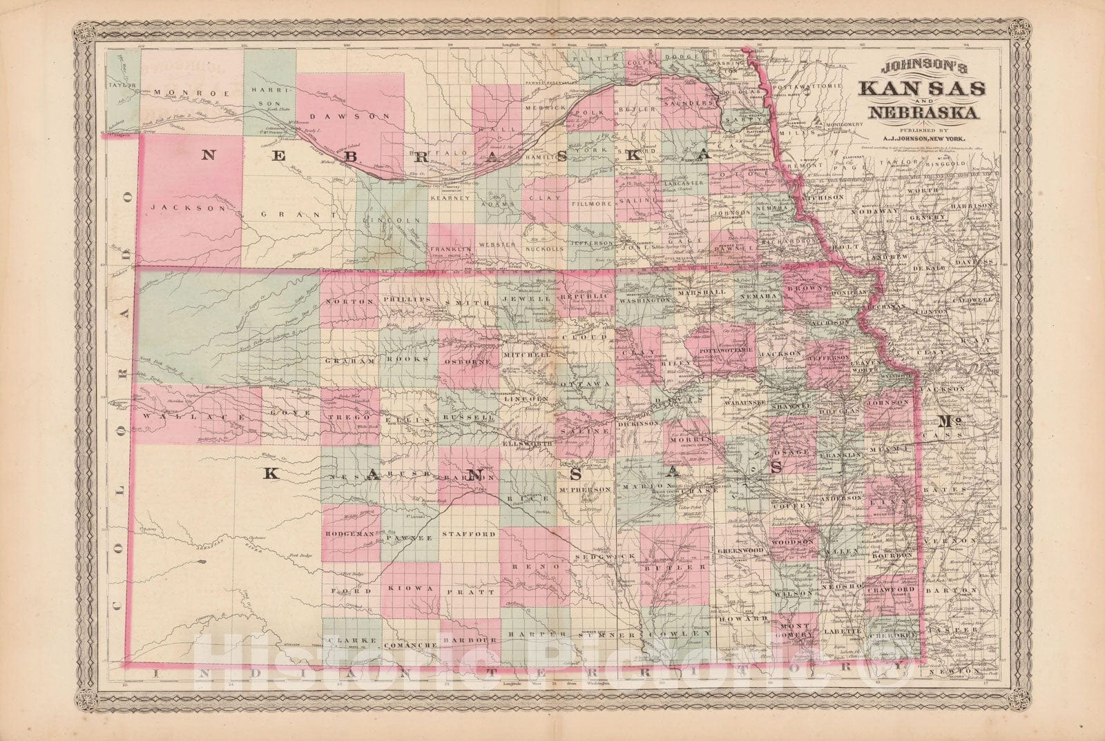 Historic Map : Kansas & Nebraska 1873 , Family Atlas World , Vintage Wall Art