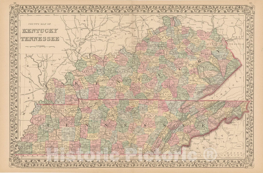 Historic Map : Kentucky & Tennessee 1882 , Mitchell's New General Atlas , Vintage Wall Art