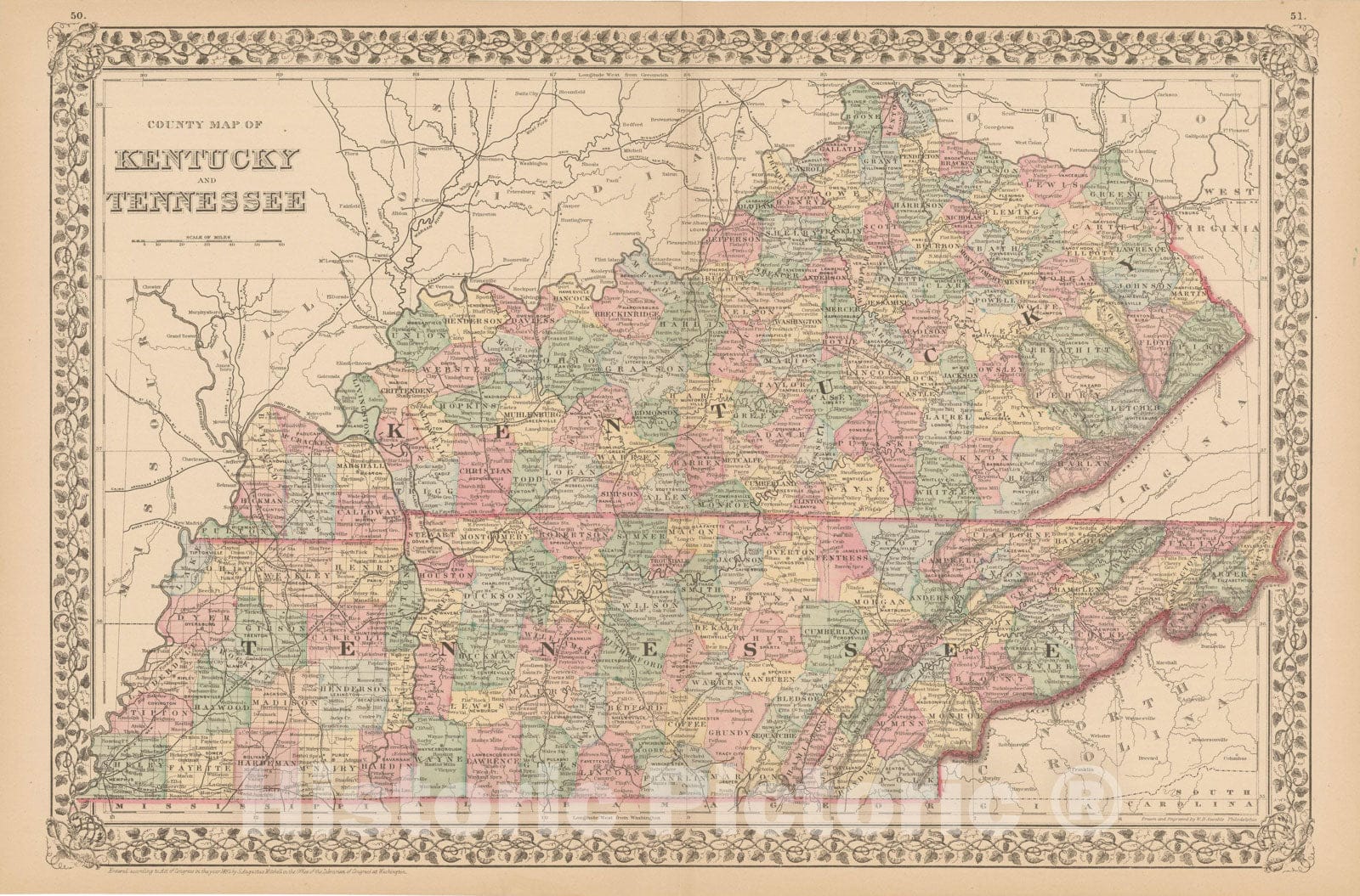 Historic Map : Kentucky & Tennessee 1882 , Mitchell's New General Atlas , Vintage Wall Art