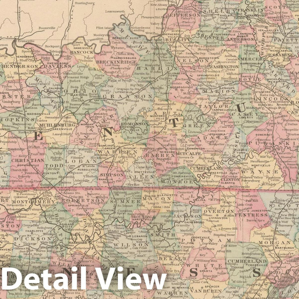 Historic Map : Kentucky & Tennessee 1882 , Mitchell's New General Atlas , Vintage Wall Art