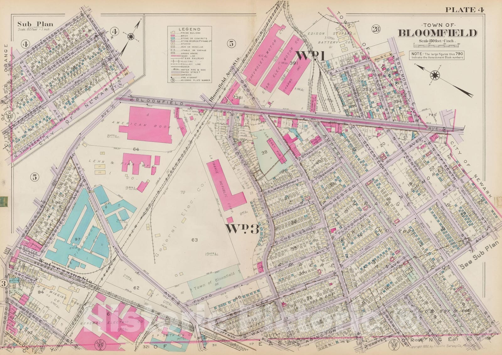 Historic Map : Atlas of Bloomfield, Belleville and Nutley; Essex County Vol D, Bloomfield 1932 Plate 004 , Vintage Wall Art