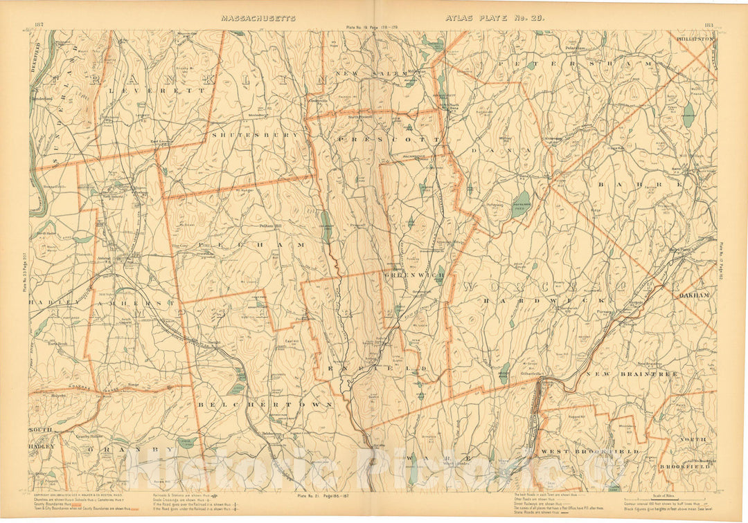Historic Map : Atlas of Massachusetts, Amherst & Enfield & Greenwich & Harwich & New Braintree & Pelham & Prescott 1904 Plate 020 , Vintage Wall Art