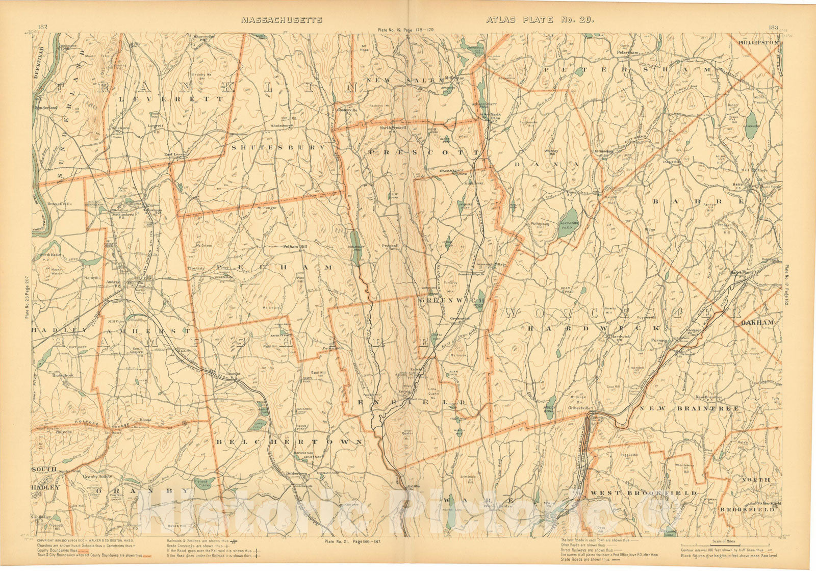 Historic Map : Atlas of Massachusetts, Amherst & Enfield & Greenwich & Harwich & New Braintree & Pelham & Prescott 1904 Plate 020 , Vintage Wall Art